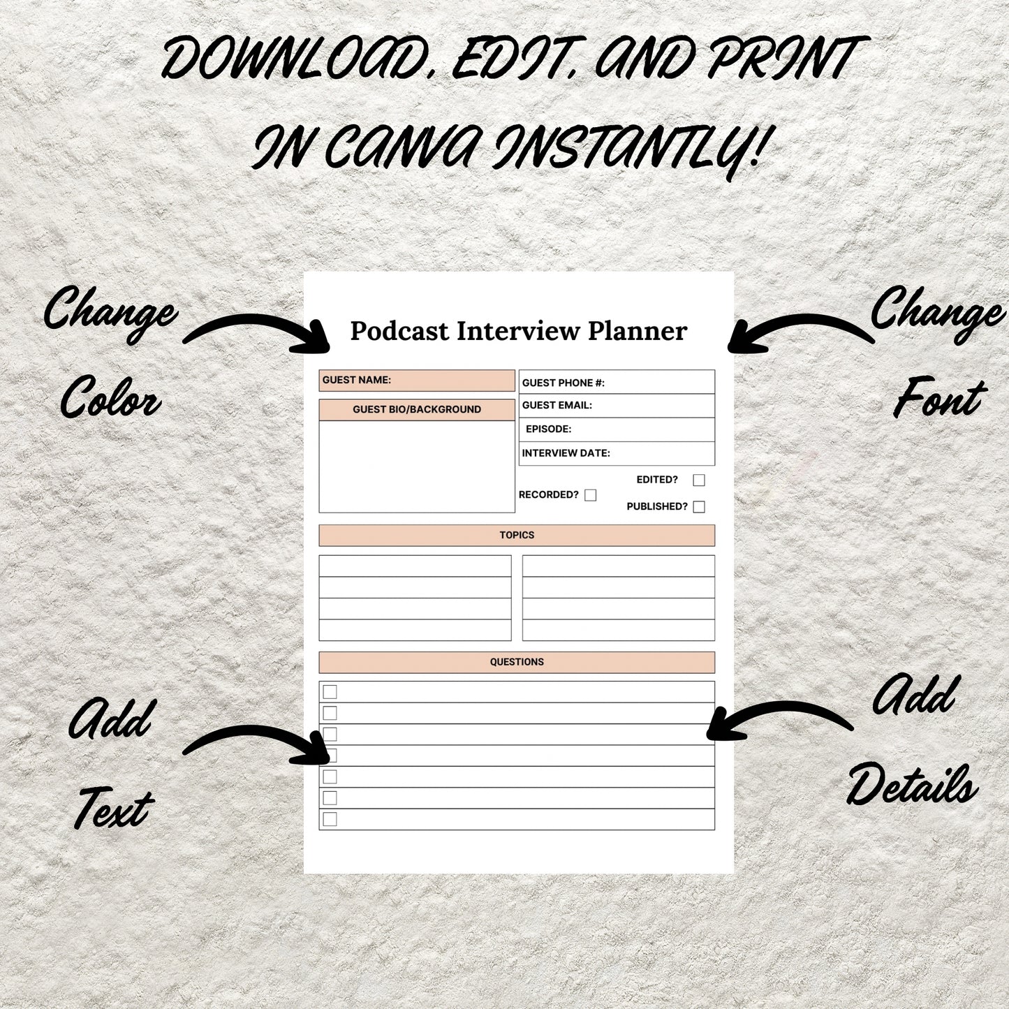 Printable Podcast Episode Planner Worksheet Template Podcast Content Plan Planner Checklist Instant Digital Download Podcast Notes