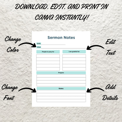 Printable Sermon Notes Template Editable Sermon Summary Notes Sermon Journal Notebook Church Devotional Service Notes Faith Planner