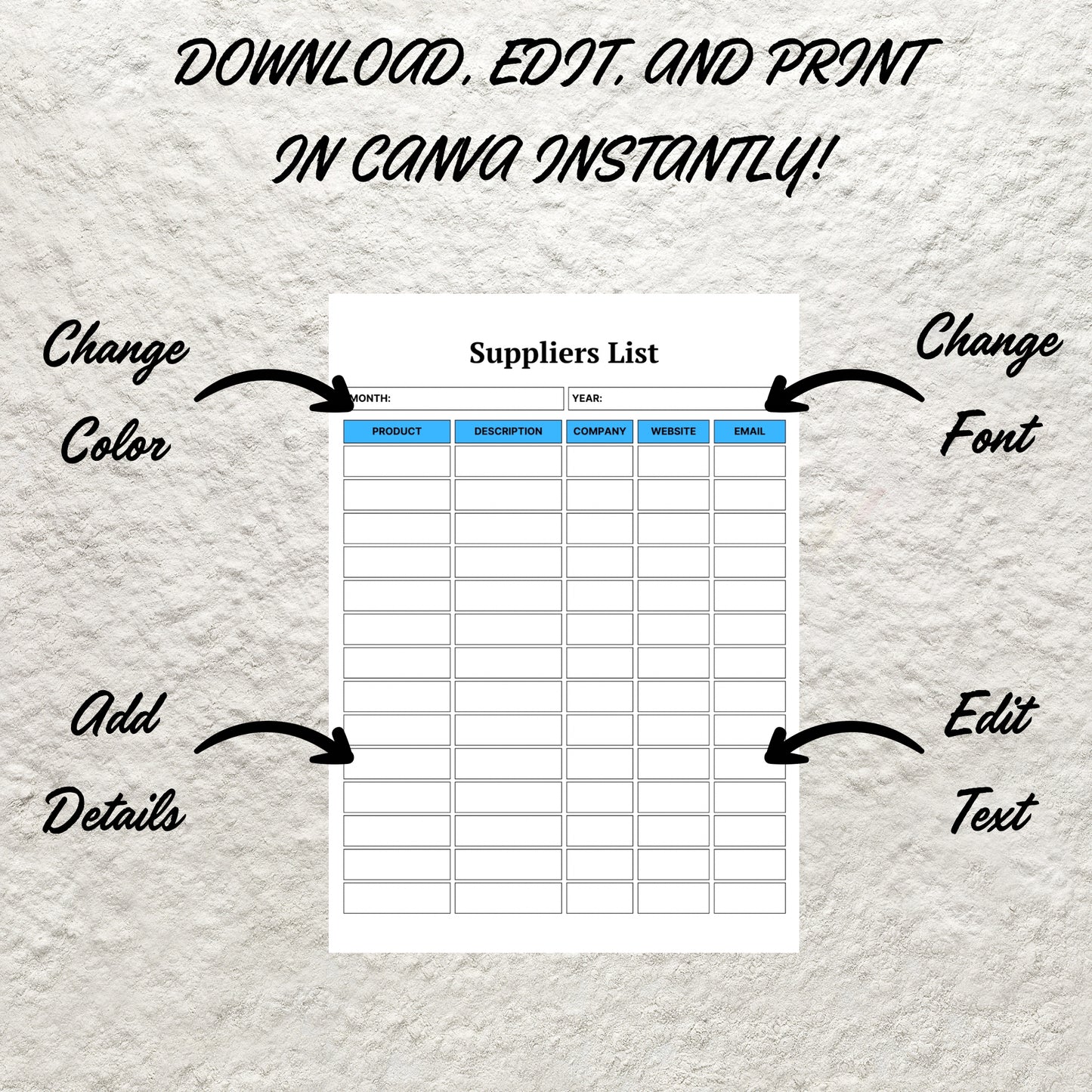 Printable Supplier List Template Small Business Supplier Search Supplier Information Log Supplies Vendor Supplier Comparison Contact Sheet