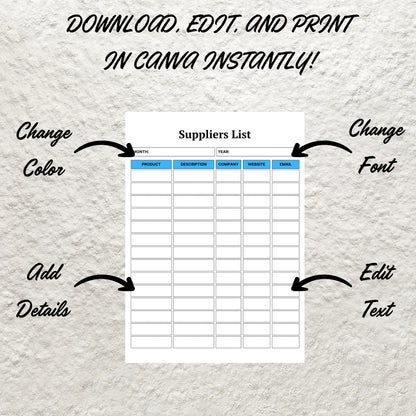 Printable Supplier List Template Small Business Supplier Search Supplier Information Log Supplies Vendor Supplier Comparison Contact Sheet