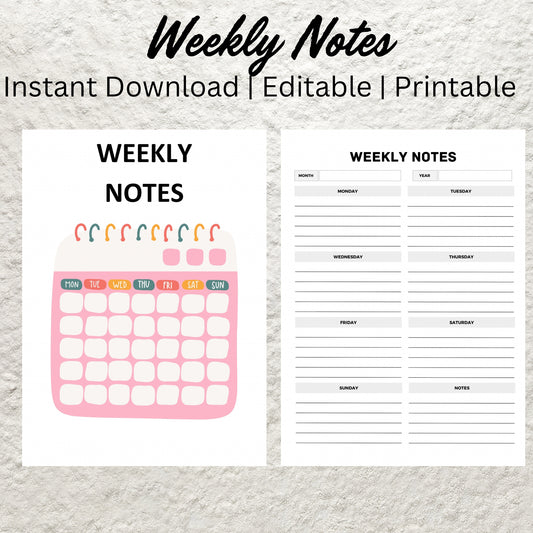 Printable Weekly Notes Template Editable Weekly Planner Weekly To Do List Weekly Schedule Organizer Weekly Plan Weekly Agenda Planner Insert