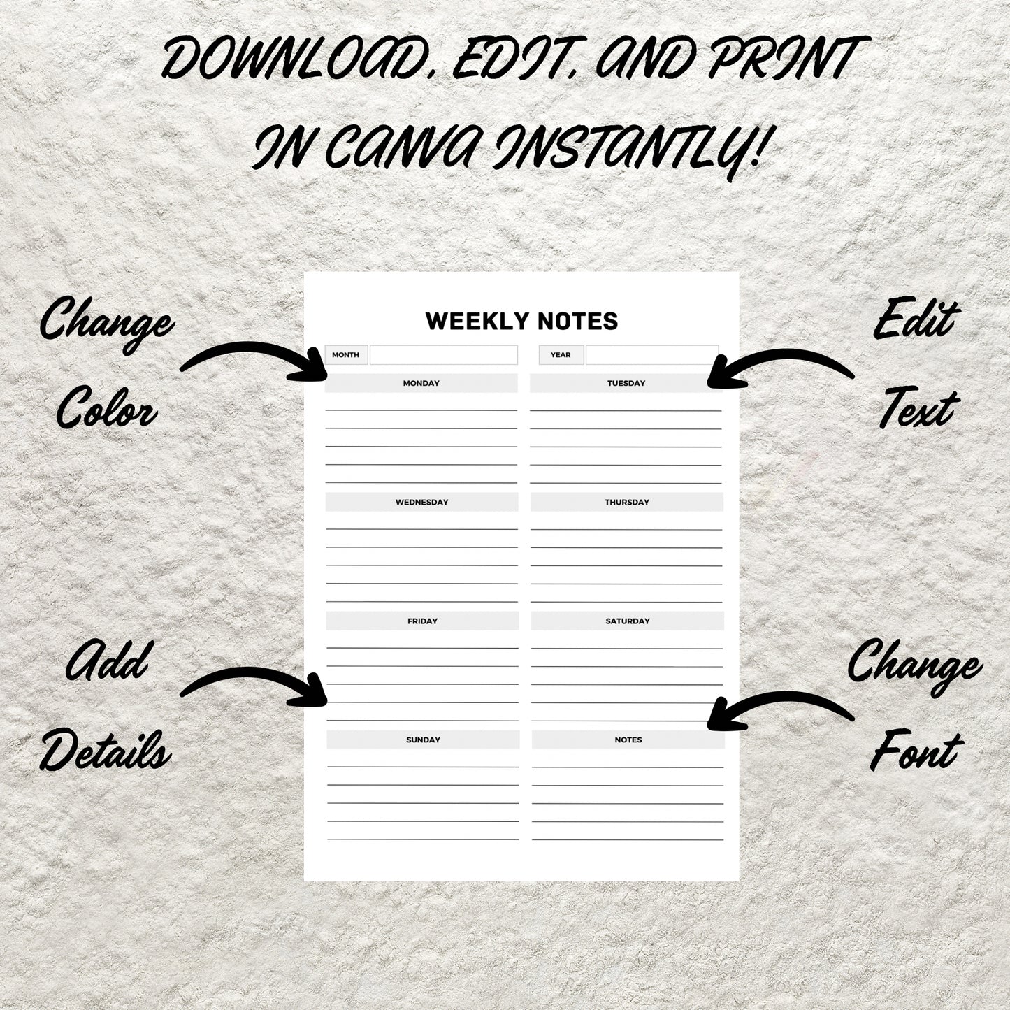 Printable Weekly Notes Template Editable Weekly Planner Weekly To Do List Weekly Schedule Organizer Weekly Plan Weekly Agenda Planner Insert