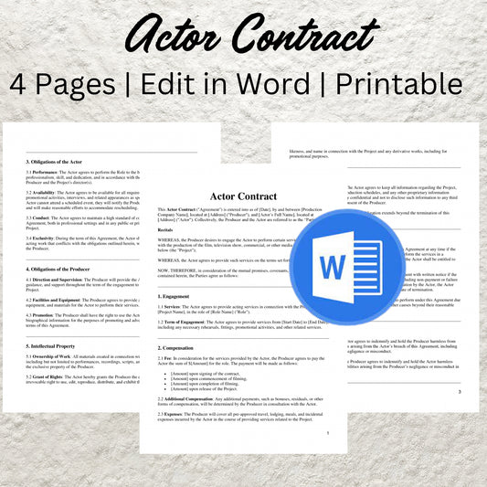 Professional Actor Contract Template Editable Actor Agreement Printable Production Agreement Performance Contract Actor Collaboration Form