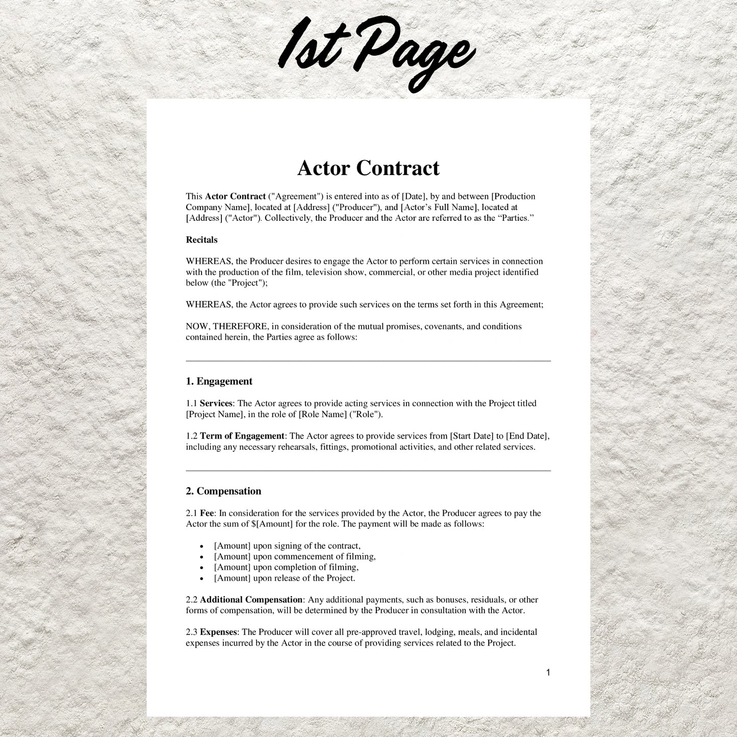 Professional Actor Contract Template Editable Actor Agreement Printable Production Agreement Performance Contract Actor Collaboration Form