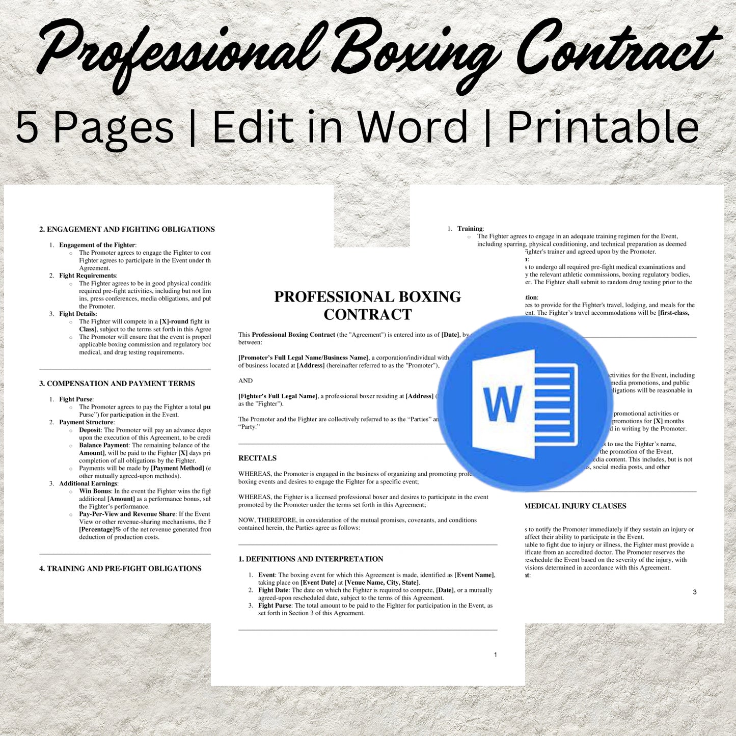 Professional Boxing Contract Template Editable Fighter's Contract Printable Boxing Contract Sports Management Promoter Agreement Boxer Form