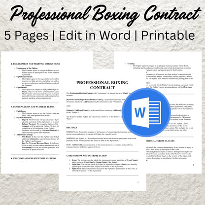 Professional Boxing Contract Template Editable Fighter's Contract Printable Boxing Contract Sports Management Promoter Agreement Boxer Form