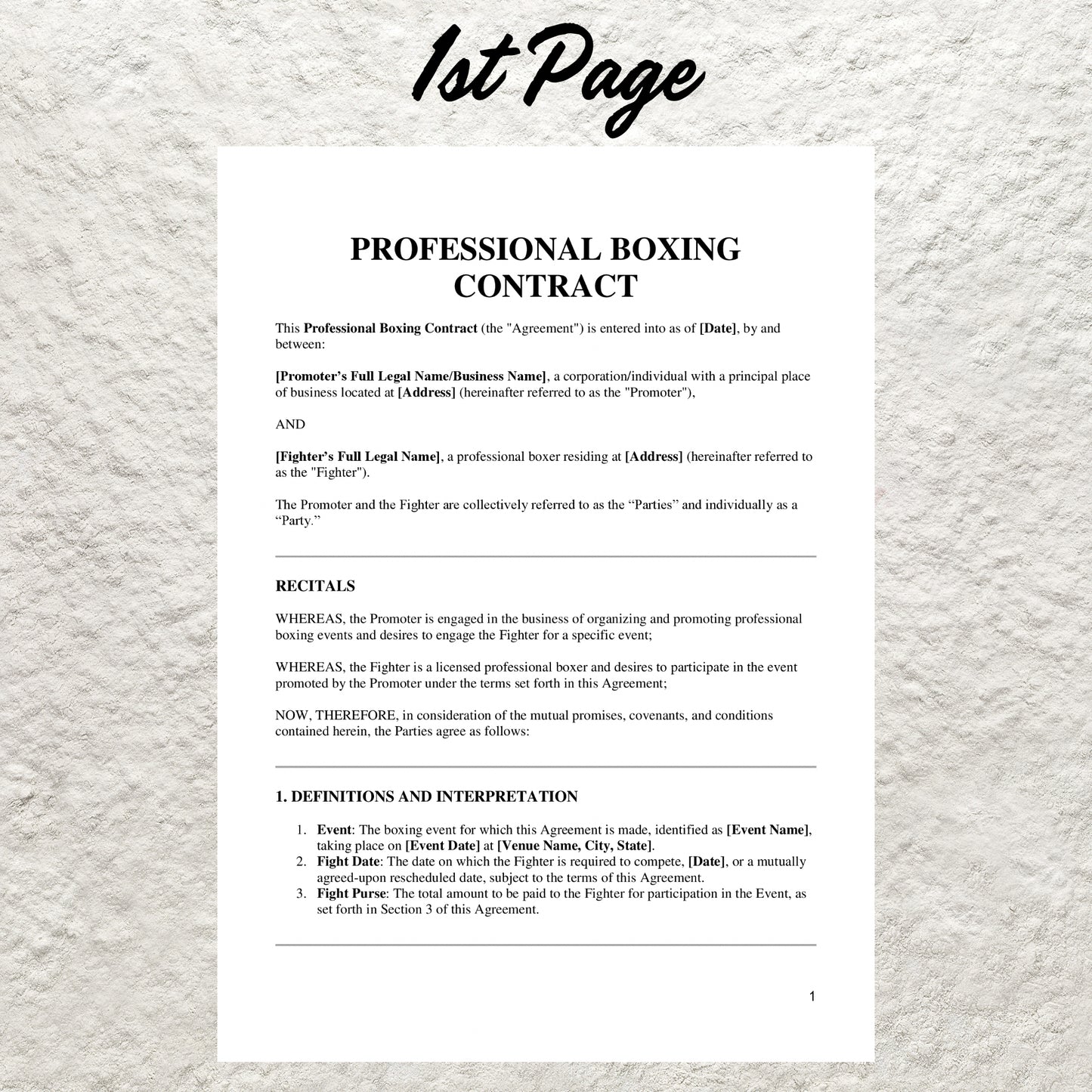 Professional Boxing Contract Template Editable Fighter's Contract Printable Boxing Contract Sports Management Promoter Agreement Boxer Form