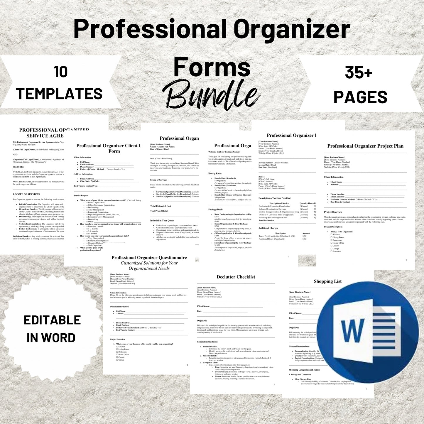 Professional Organizer Forms Bundle Editable Organizer Contract Template Printable Client Intake Form Organizer Service Agreement Form