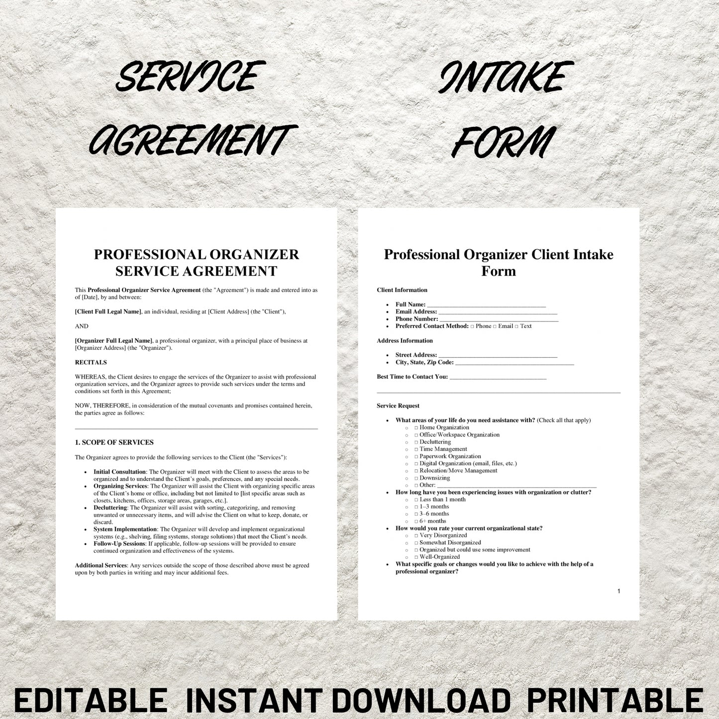 Professional Organizer Forms Bundle Editable Organizer Contract Template Printable Client Intake Form Organizer Service Agreement Form