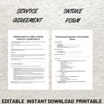 Professional Organizer Forms Bundle Editable Organizer Contract Template Printable Client Intake Form Organizer Service Agreement Form