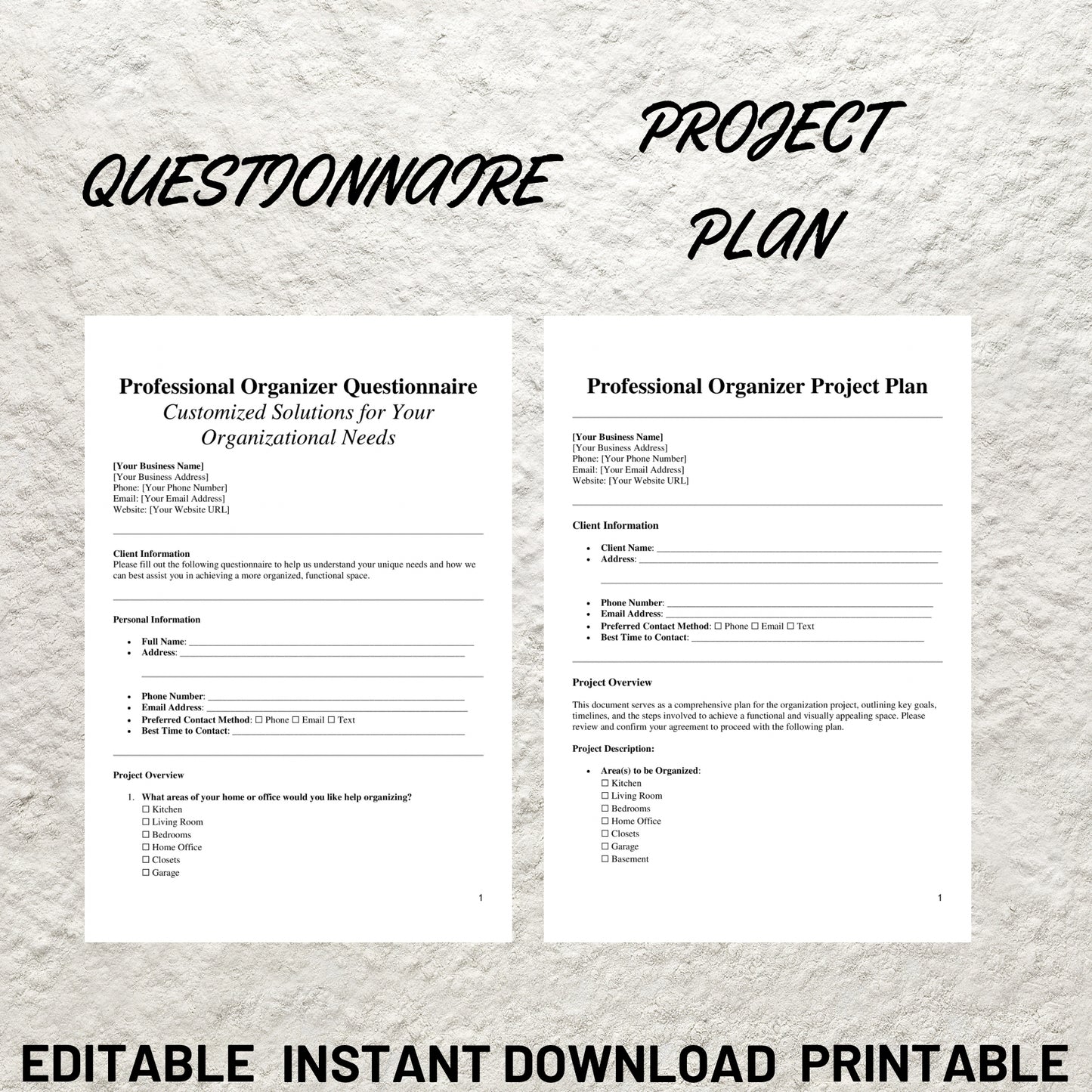 Professional Organizer Forms Bundle Editable Organizer Contract Template Printable Client Intake Form Organizer Service Agreement Form