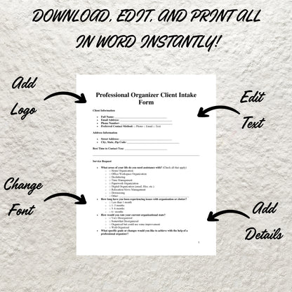 Professional Organizer Forms Bundle Editable Organizer Contract Template Printable Client Intake Form Organizer Service Agreement Form