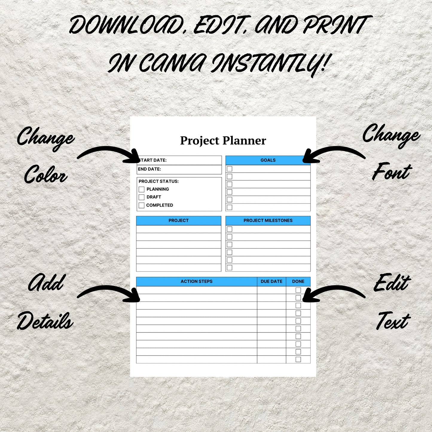 Project Planner Template Printable Productivity Planner Editable Task Tracker Goal Tracker Goal Setting Planner Project Management Planner