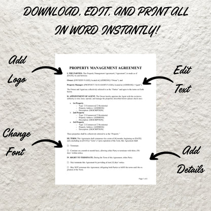 Property Management Agreement Template Editable Property Management Contract Form Landlord Rental Property Management Agreement Form