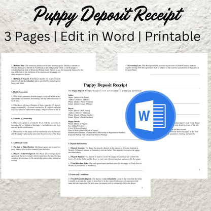 Puppy Deposit Receipt Template Editable Puppy Deposit Form Printable Puppy Deposit Slip Puppy Contract Form Dog Breeder Business Forms