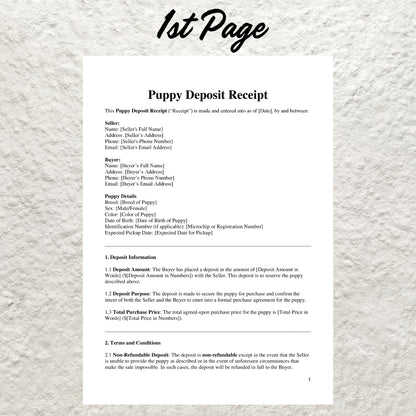 Puppy Deposit Receipt Template Editable Puppy Deposit Form Printable Puppy Deposit Slip Puppy Contract Form Dog Breeder Business Forms