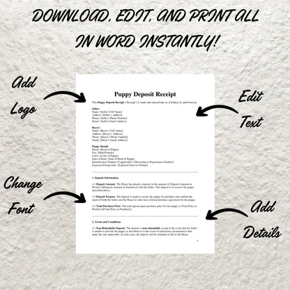 Puppy Deposit Receipt Template Editable Puppy Deposit Form Printable Puppy Deposit Slip Puppy Contract Form Dog Breeder Business Forms