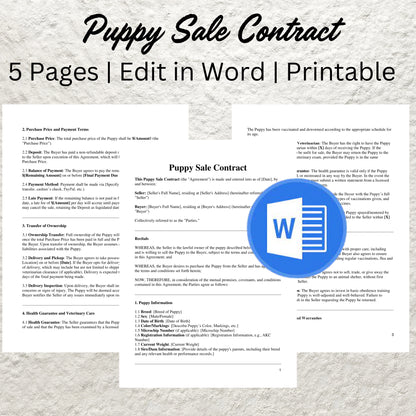 Puppy Sales Contract Template Editable Puppy Deposit Contract Printable Puppy Sales Agreement Puppy Sale Contract Dog Breeder Business Forms