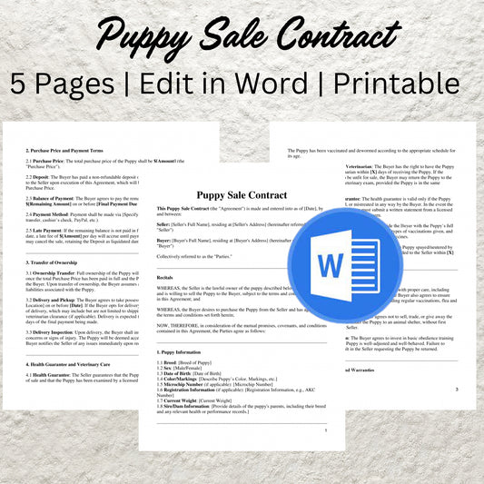 Puppy Sales Contract Template Editable Puppy Deposit Contract Printable Puppy Sales Agreement Puppy Sale Contract Dog Breeder Business Forms