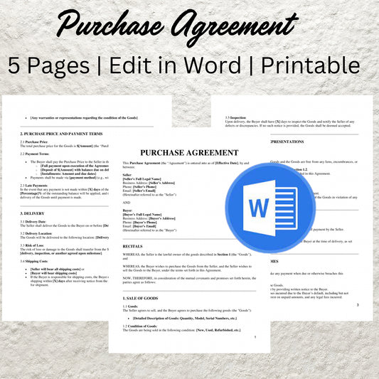 Purchase Agreement Template Editable Purchase and Sale Contract Printable Contract of Sales Purchase Contract for Business Property Purchase