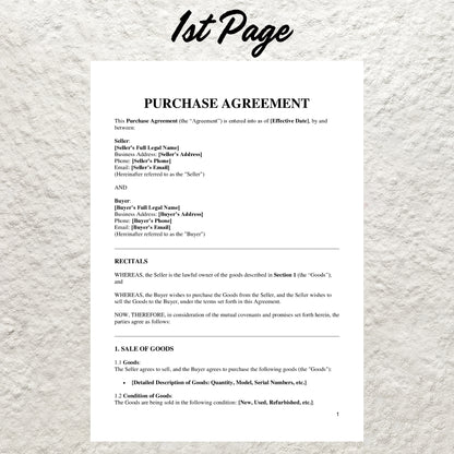 Purchase Agreement Template Editable Purchase and Sale Contract Printable Contract of Sales Purchase Contract for Business Property Purchase