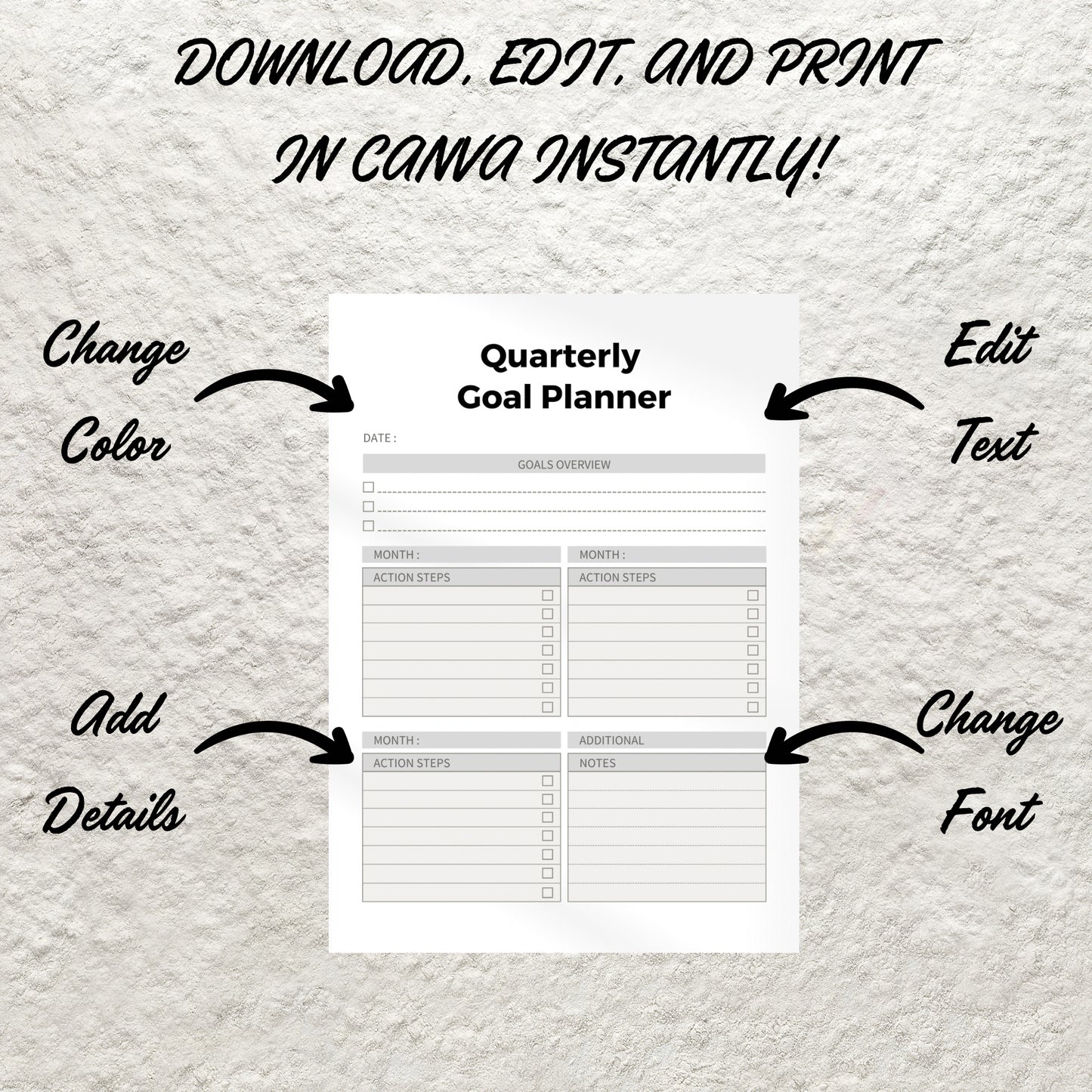 Quarterly Planner Template Printable Yearly Planner Quarterly Goal Planner 90 Day Planning Worksheet 3 Month Goal organizer Planner Journal