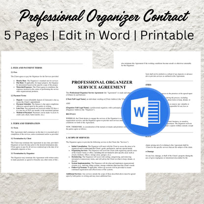 Professional Organizer Contract Template Editable Organizing Service Agreement Printable Professional Organizer Contract Organizer Business