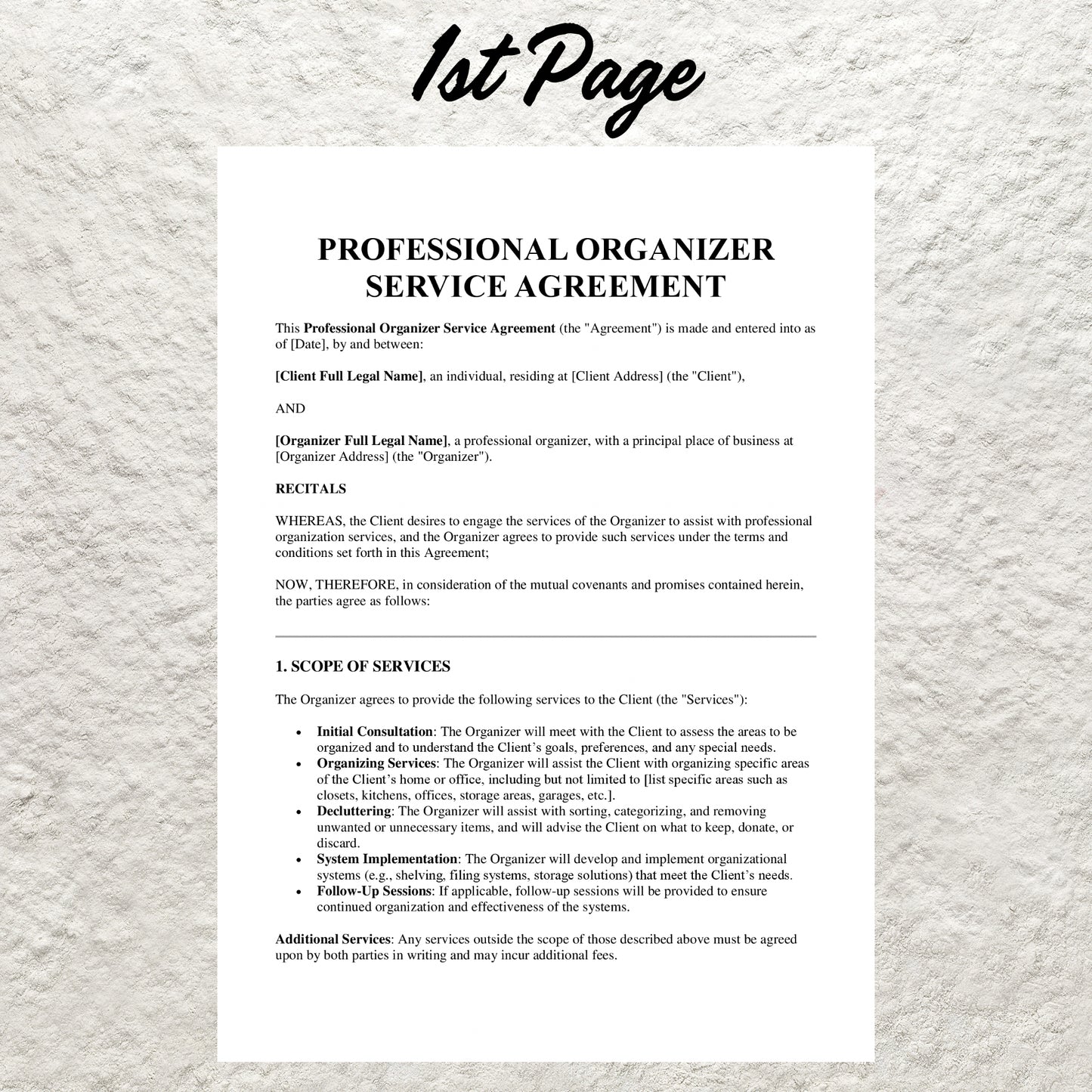 Professional Organizer Contract Template Editable Organizing Service Agreement Printable Professional Organizer Contract Organizer Business