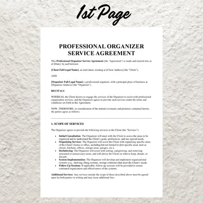 Professional Organizer Contract Template Editable Organizing Service Agreement Printable Professional Organizer Contract Organizer Business