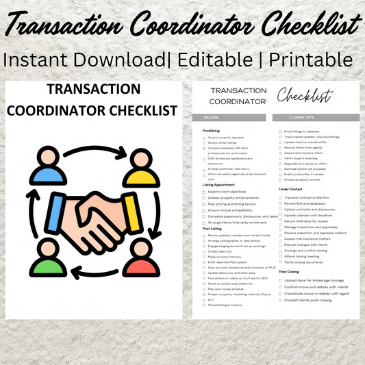 Real Estate Transaction Coordinator Checklist Template Editable Printable Transaction Coordinator Checklist Seller & Buyer Task Manager