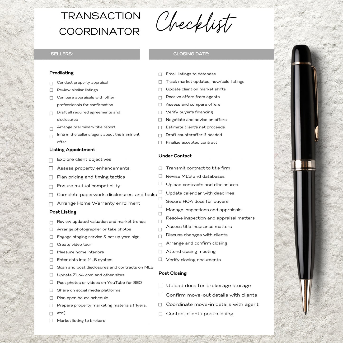 Real Estate Transaction Coordinator Checklist Template Editable Printable Transaction Coordinator Checklist Seller & Buyer Task Manager