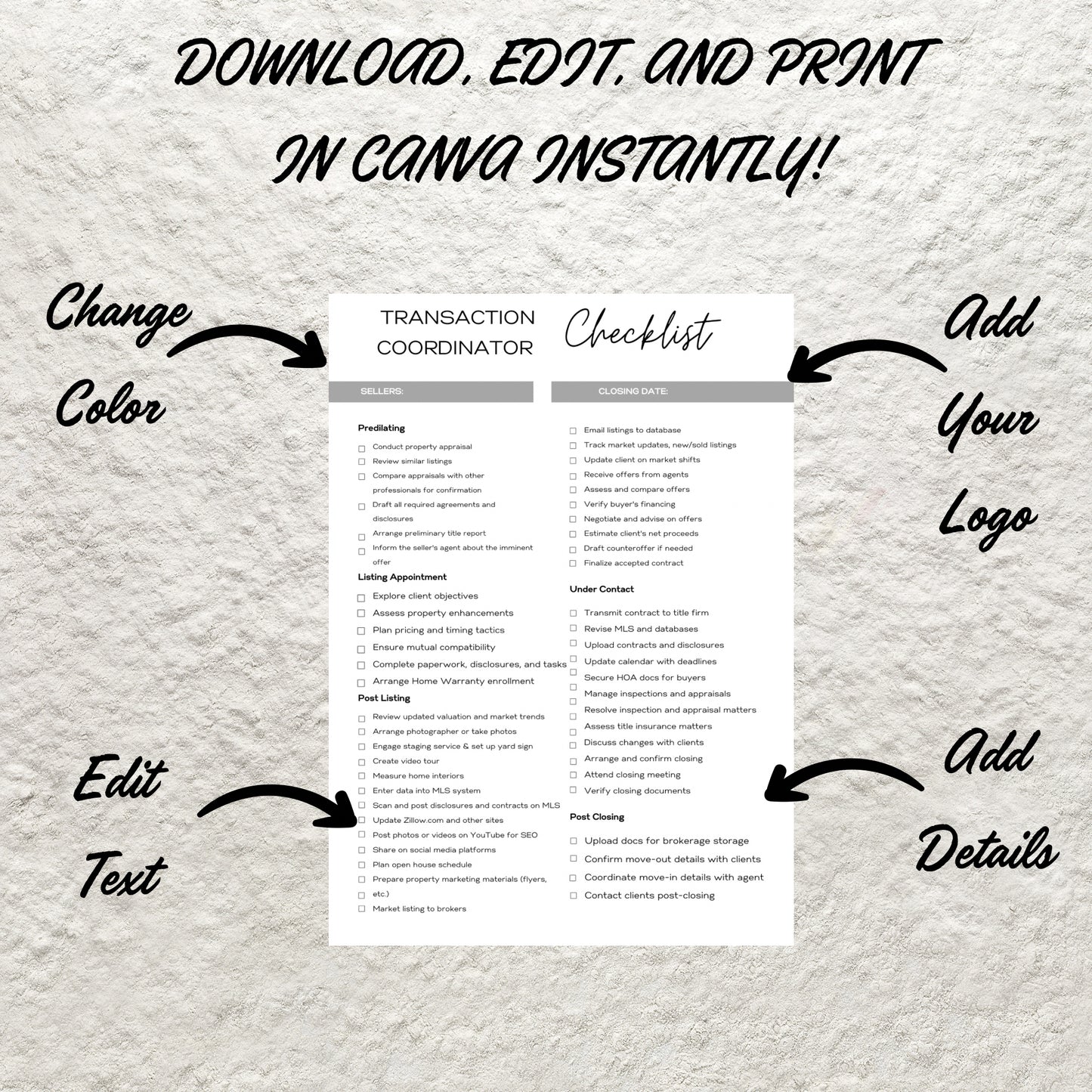 Real Estate Transaction Coordinator Checklist Template Editable Printable Transaction Coordinator Checklist Seller & Buyer Task Manager