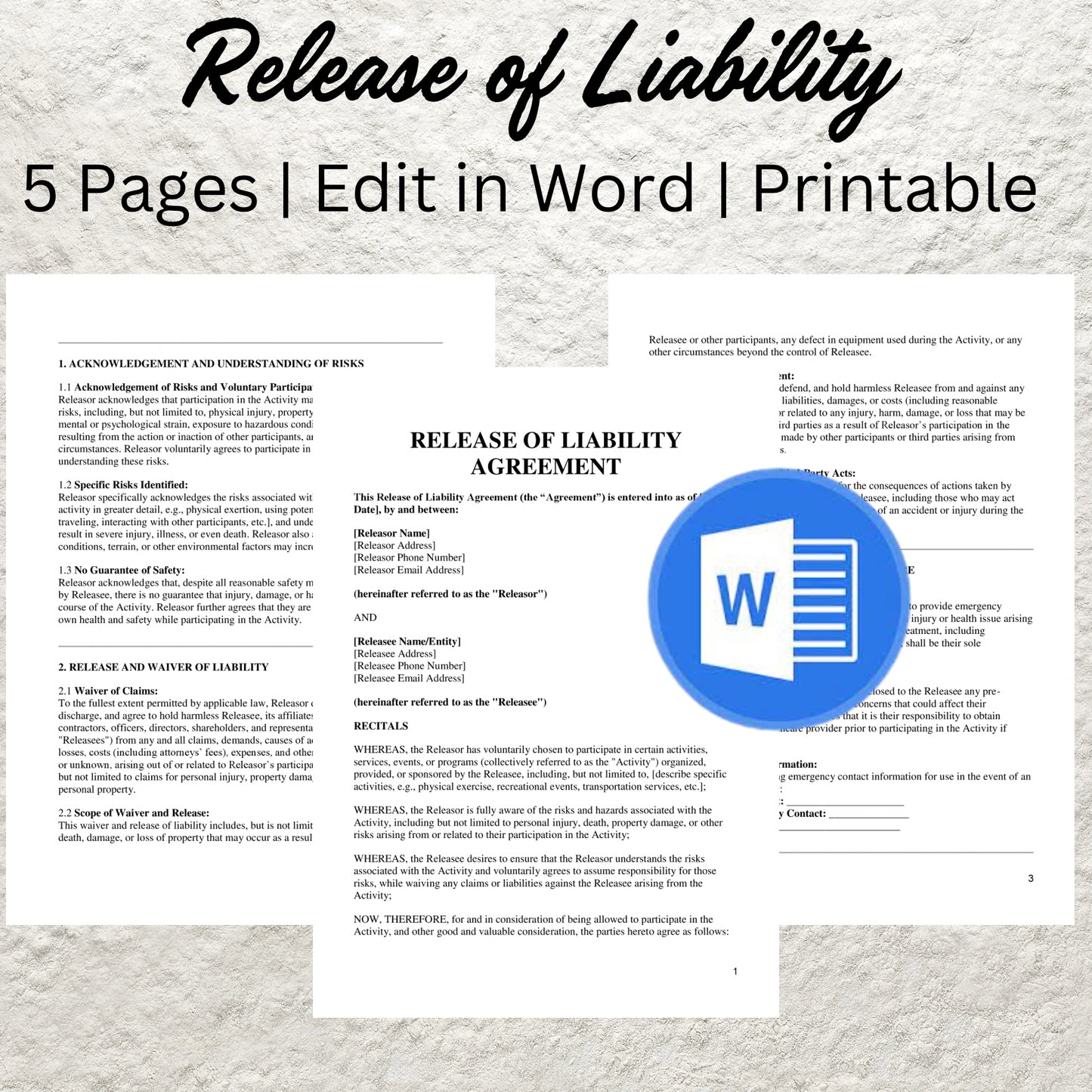 Release of Liability Template Editable General Release of Liability Form Printable Liability Waiver Form Hold Harmless Indemnity Agreement