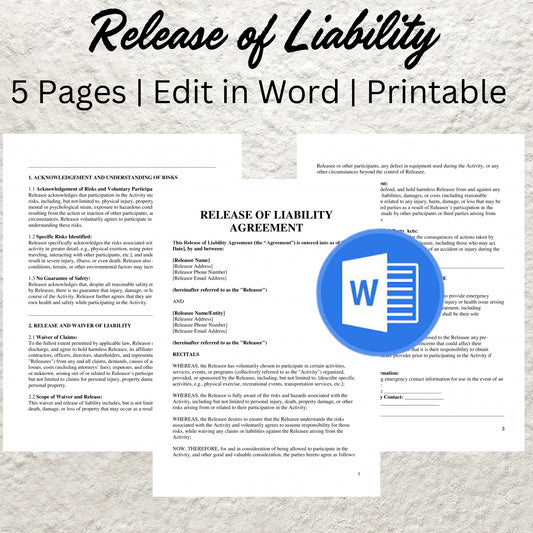 Release of Liability Template Editable General Release of Liability Form Printable Liability Waiver Form Hold Harmless Indemnity Agreement