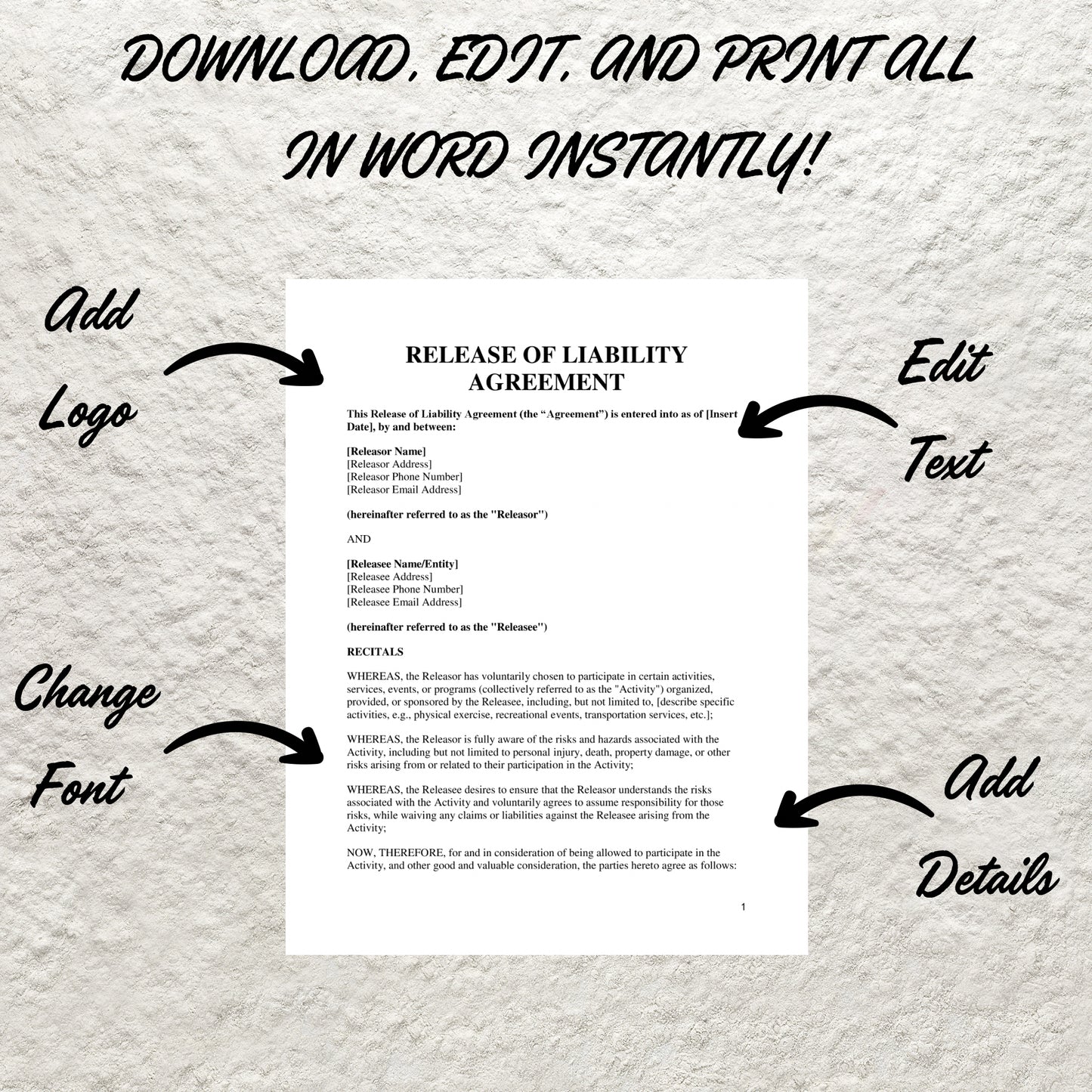 Release of Liability Template Editable General Release of Liability Form Printable Liability Waiver Form Hold Harmless Indemnity Agreement