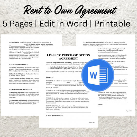 Rent-to-Own Agreement Template Editable Lease To Own Contract Agreement Printable Rent to Own Lease Agreement Lease to Own Rental Agreement