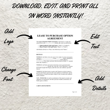 Rent-to-Own Agreement Template Editable Lease To Own Contract Agreement Printable Rent to Own Lease Agreement Lease to Own Rental Agreement