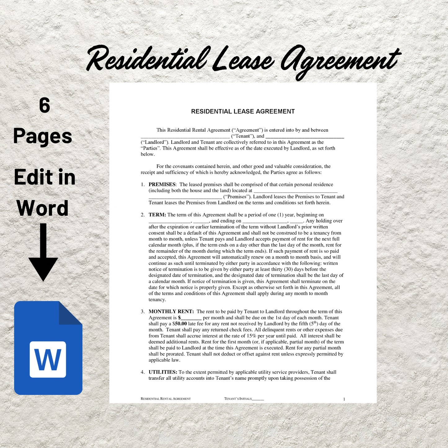 Residential Lease Agreement Editable Rental Agreement Printable Landlord Form Lease Agreement Contract Microsoft Word PDF