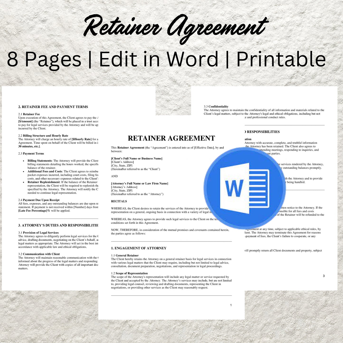 Retainer Agreement Template Editable Service Retention Contract Printable Client Engagement Contract Professional Service Retainer Agreement