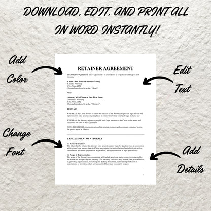 Retainer Agreement Template Editable Service Retention Contract Printable Client Engagement Contract Professional Service Retainer Agreement