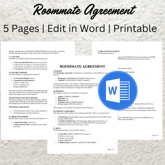 Roommate Agreement Template Editable Roommate Lease Agreement Printable Roommate Release Form Room Rental Sublet Lease Agreement