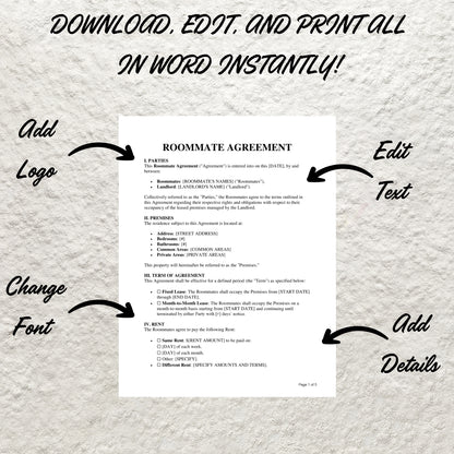 Roommate Agreement Template Editable Roommate Lease Agreement Printable Roommate Release Form Room Rental Sublet Lease Agreement