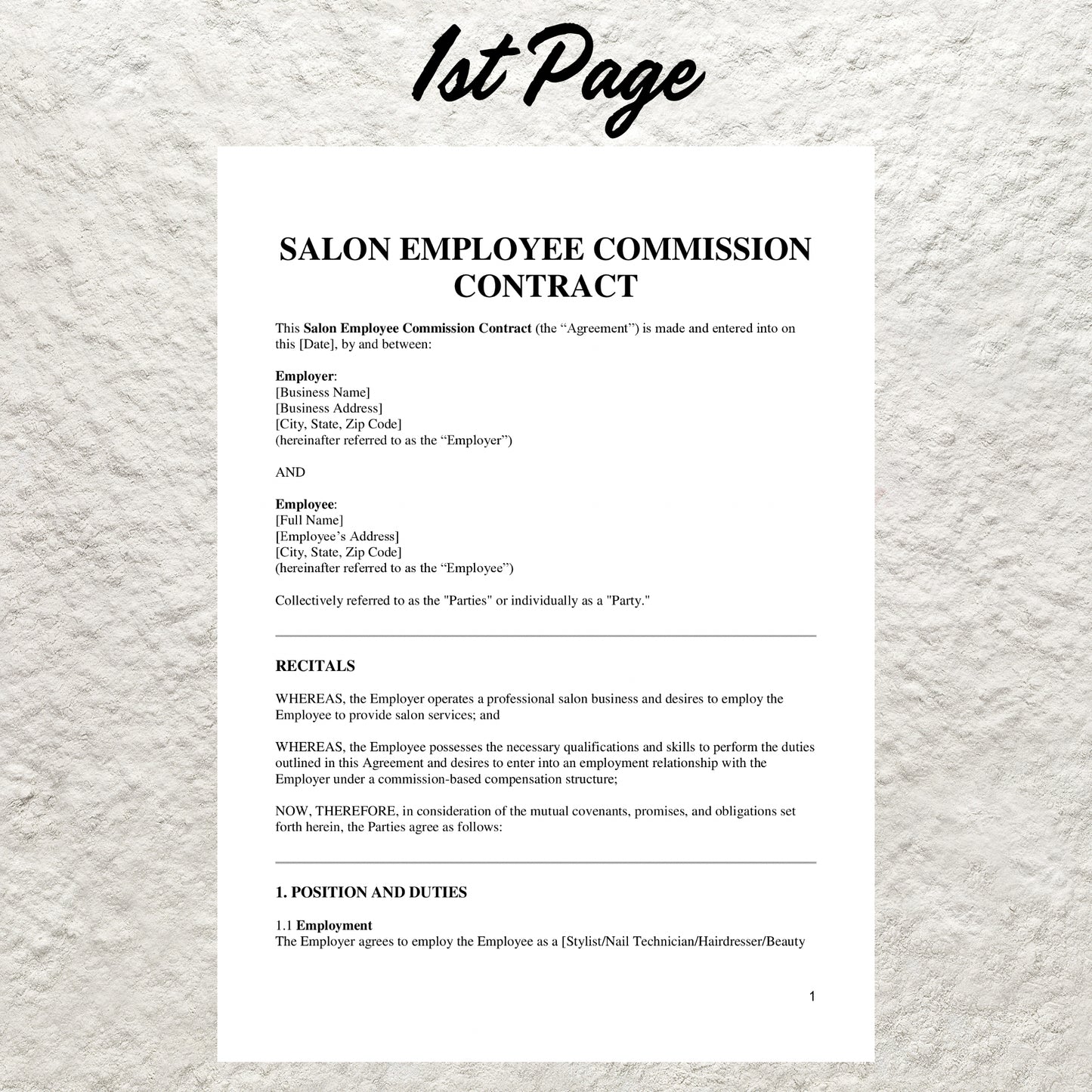 Salon Employee Commission Agreement Template Editable Hair Salon Employee Commission Contract Printable Hair Stylist Commission Agreement