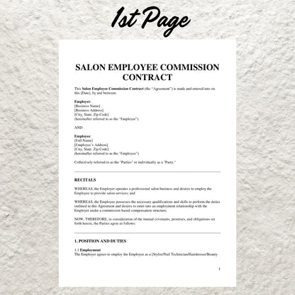 Salon Employee Commission Agreement Template Editable Hair Salon Employee Commission Contract Printable Hair Stylist Commission Agreement