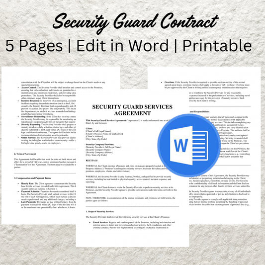 Security Guard Contract Template Editable Security Service Provider Agreement Form Printable Security Personnel Employment Agreement Form