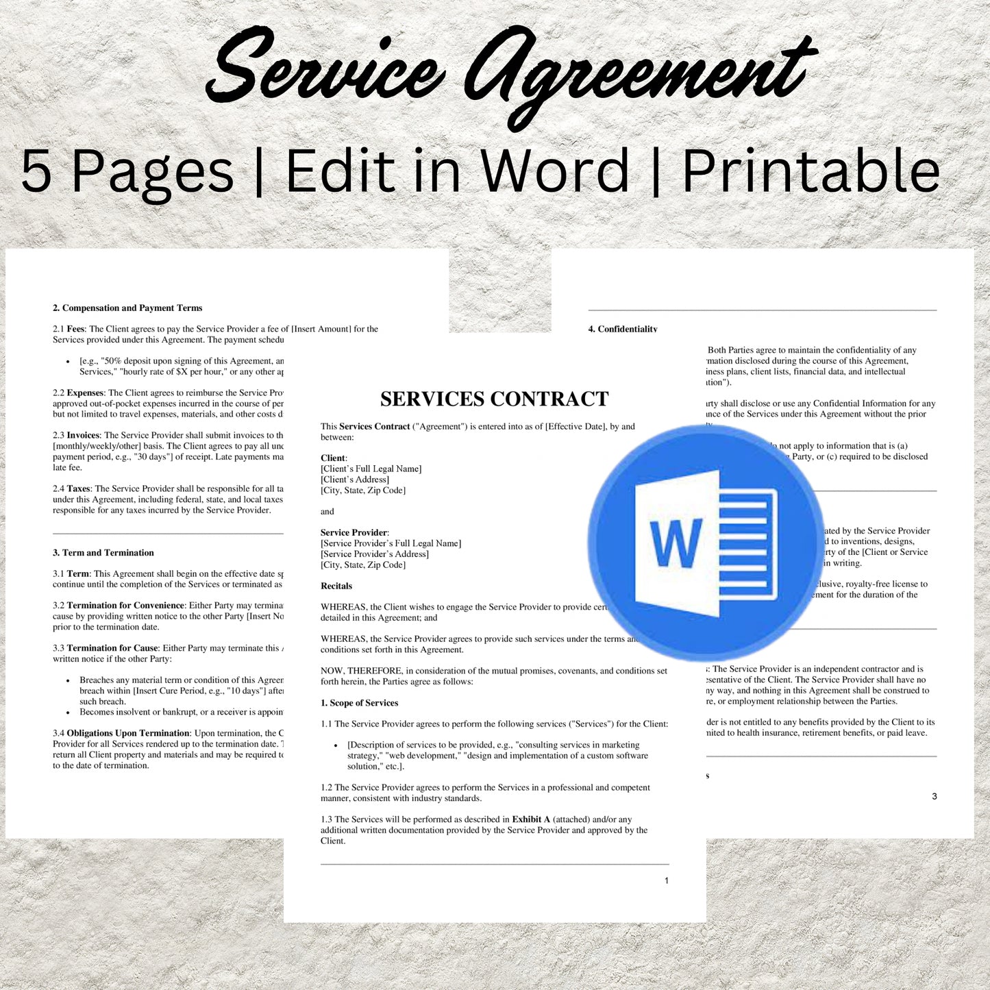 Service Agreement Template Editable Services Contract Printable General Services Agreement Professional Scope of Service Agreement Contract