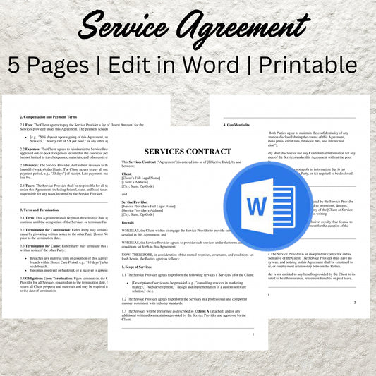 Service Agreement Template Editable Services Contract Printable General Services Agreement Professional Scope of Service Agreement Contract