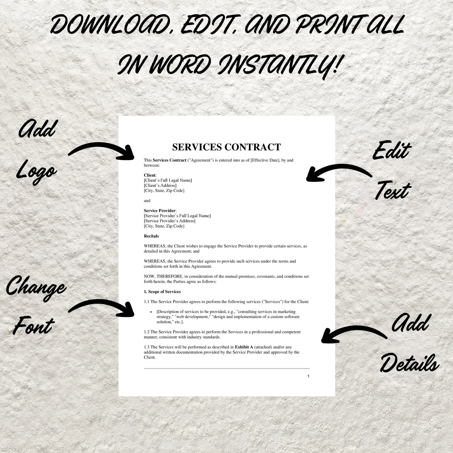 Service Agreement Template Editable Services Contract Printable General Services Agreement Professional Scope of Service Agreement Contract