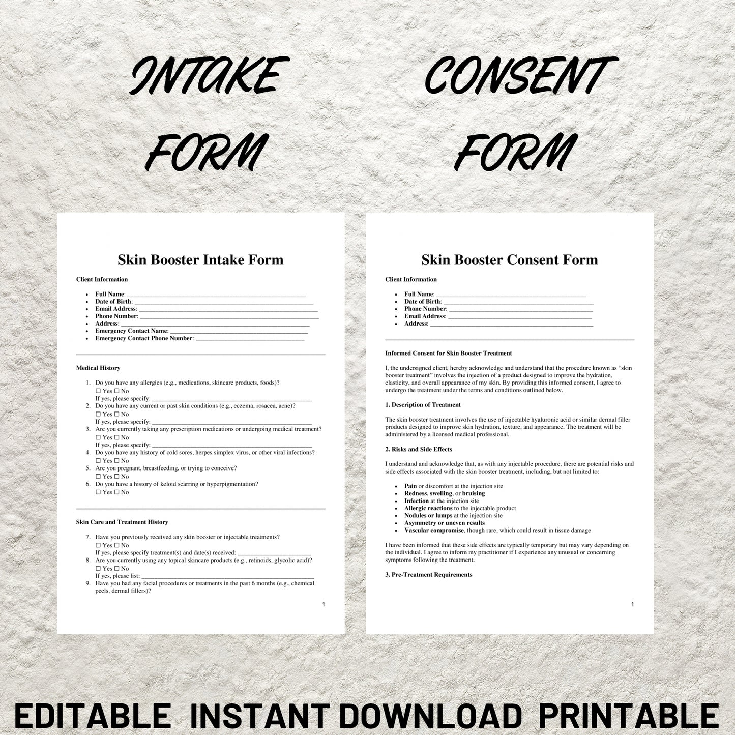 Skin Booster Forms Bundle Editable Skin Booster Intake Form Printable Skin Booster Consent Form Facial Filler Consultation Esthetician Forms