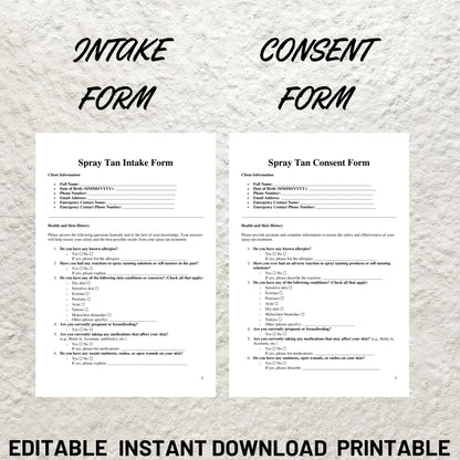 Spray Tan Forms Template Bundle Editable Spray Tan Intake Form Printable Spray Tan Consent Form Spray Tan Consultation Spray Tan Aftercare